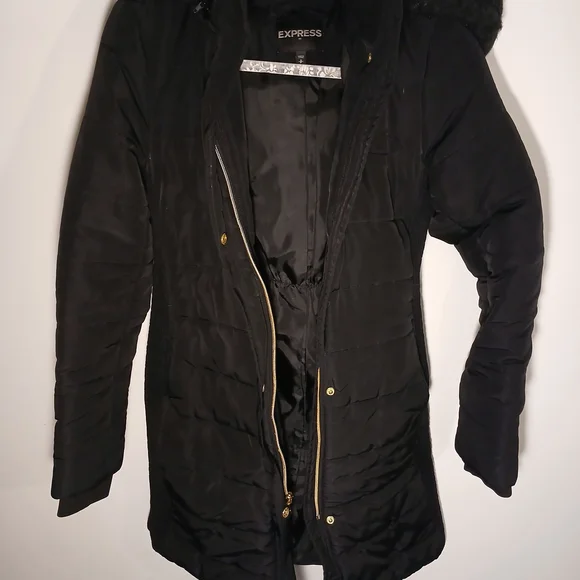 Express Hooded Black Puffer Coat with Gold Details - Picture 11 of 11